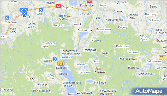 mapa Porąbka powiat bielski, Porąbka powiat bielski na mapie Targeo