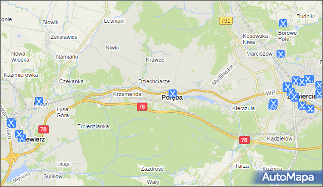 mapa Poręba powiat zawierciański, Poręba powiat zawierciański na mapie Targeo