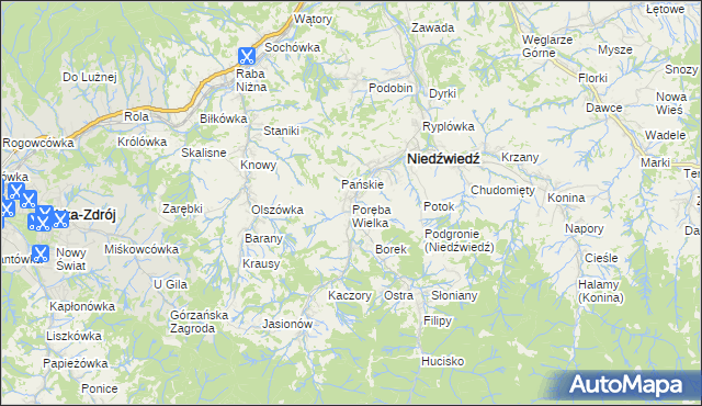 mapa Poręba Wielka gmina Niedźwiedź, Poręba Wielka gmina Niedźwiedź na mapie Targeo
