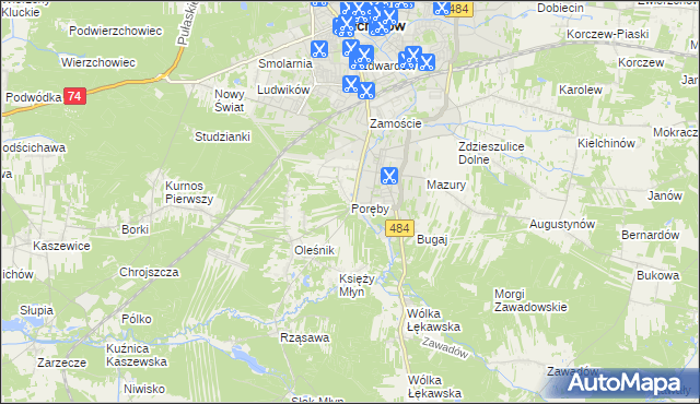 mapa Poręby gmina Bełchatów, Poręby gmina Bełchatów na mapie Targeo