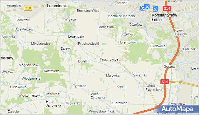 mapa Prusinowice gmina Lutomiersk, Prusinowice gmina Lutomiersk na mapie Targeo