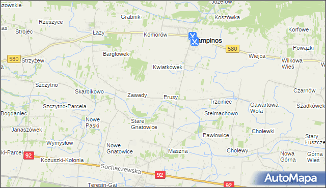 mapa Prusy gmina Kampinos, Prusy gmina Kampinos na mapie Targeo