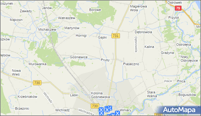 mapa Prusy gmina Warka, Prusy gmina Warka na mapie Targeo