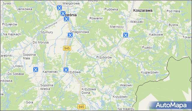 mapa Przyborów gmina Jeleśnia, Przyborów gmina Jeleśnia na mapie Targeo