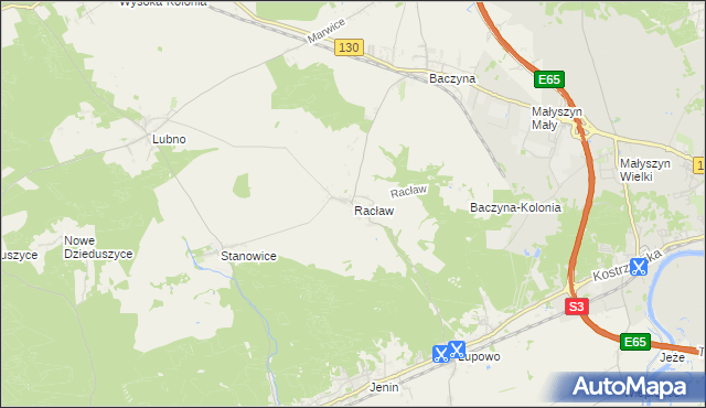mapa Racław gmina Bogdaniec, Racław gmina Bogdaniec na mapie Targeo