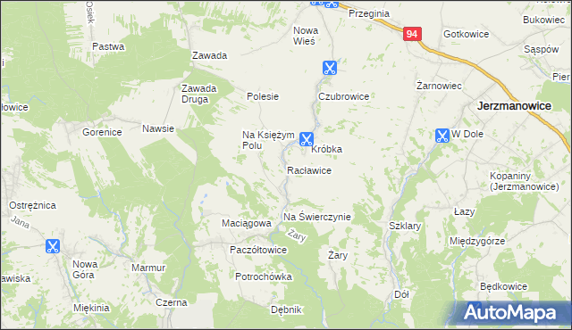 mapa Racławice gmina Jerzmanowice-Przeginia, Racławice gmina Jerzmanowice-Przeginia na mapie Targeo