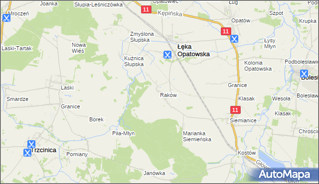 mapa Raków gmina Łęka Opatowska, Raków gmina Łęka Opatowska na mapie Targeo