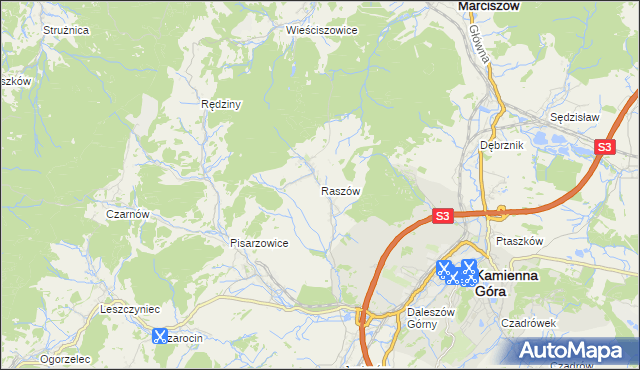 mapa Raszów gmina Kamienna Góra, Raszów gmina Kamienna Góra na mapie Targeo