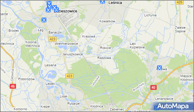 mapa Raszowa gmina Leśnica, Raszowa gmina Leśnica na mapie Targeo