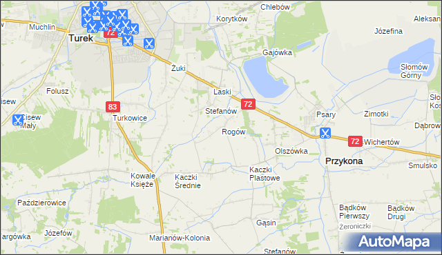 mapa Rogów gmina Przykona, Rogów gmina Przykona na mapie Targeo