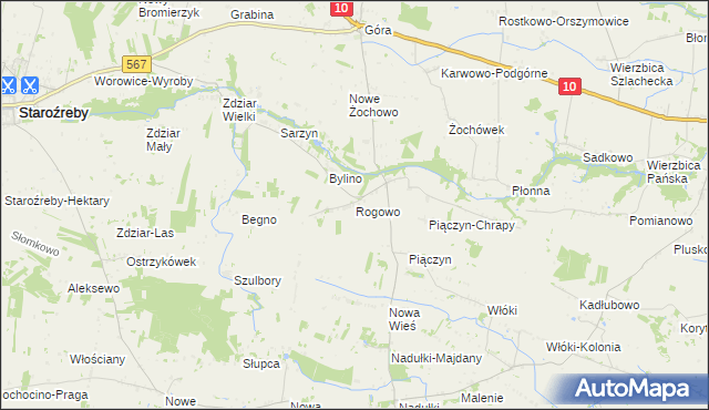 mapa Rogowo gmina Staroźreby, Rogowo gmina Staroźreby na mapie Targeo