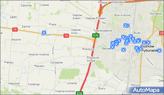 mapa Rokszyce gmina Wola Krzysztoporska, Rokszyce gmina Wola Krzysztoporska na mapie Targeo