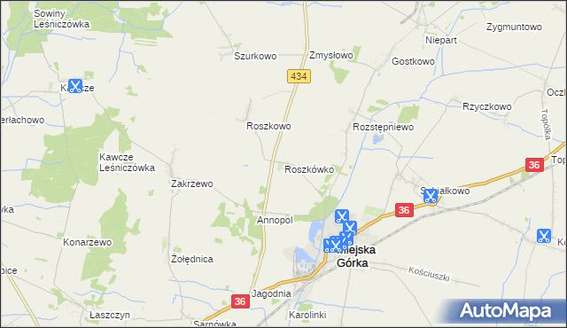 mapa Roszkówko gmina Miejska Górka, Roszkówko gmina Miejska Górka na mapie Targeo