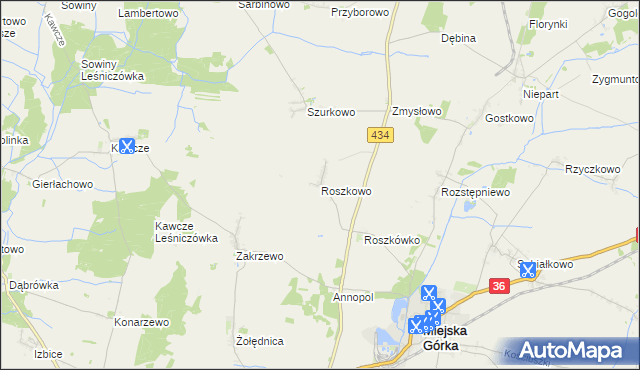 mapa Roszkowo gmina Miejska Górka, Roszkowo gmina Miejska Górka na mapie Targeo