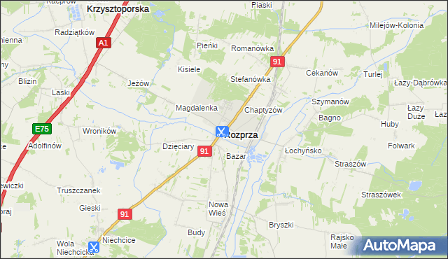 mapa Rozprza powiat piotrkowski, Rozprza powiat piotrkowski na mapie Targeo