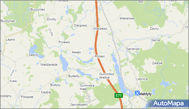 mapa Rybaki gmina Małdyty, Rybaki gmina Małdyty na mapie Targeo