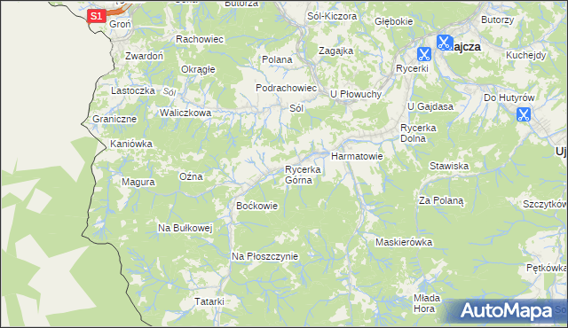 mapa Rycerka Górna, Rycerka Górna na mapie Targeo