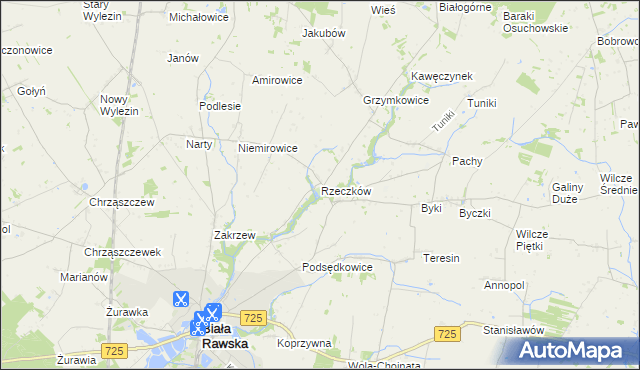 mapa Rzeczków gmina Biała Rawska, Rzeczków gmina Biała Rawska na mapie Targeo