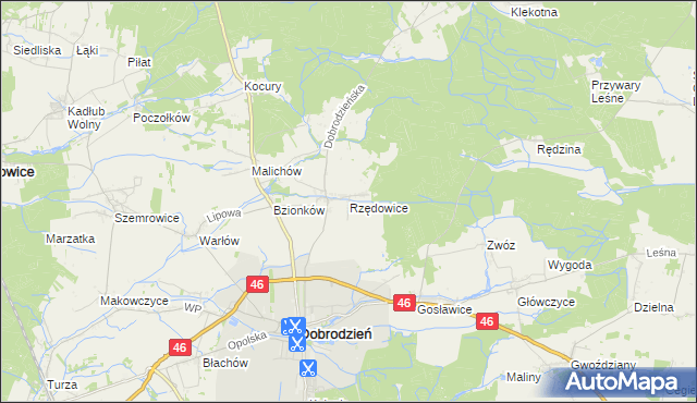 mapa Rzędowice gmina Dobrodzień, Rzędowice gmina Dobrodzień na mapie Targeo