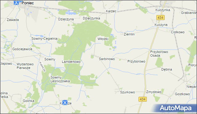 mapa Sarbinowo gmina Poniec, Sarbinowo gmina Poniec na mapie Targeo