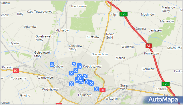 mapa Sieciechów gmina Kutno, Sieciechów gmina Kutno na mapie Targeo