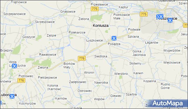mapa Siedliska gmina Koniusza, Siedliska gmina Koniusza na mapie Targeo
