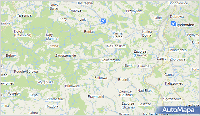 mapa Siekierczyna gmina Ciężkowice, Siekierczyna gmina Ciężkowice na mapie Targeo