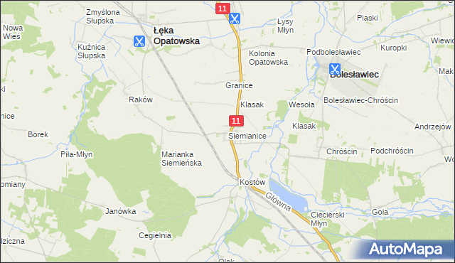 mapa Siemianice gmina Łęka Opatowska, Siemianice gmina Łęka Opatowska na mapie Targeo