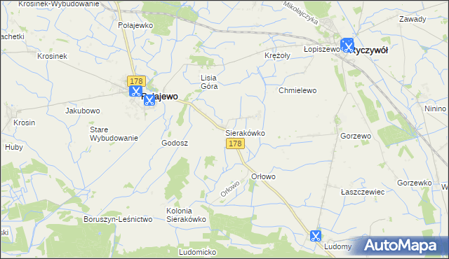 mapa Sierakówko gmina Połajewo, Sierakówko gmina Połajewo na mapie Targeo