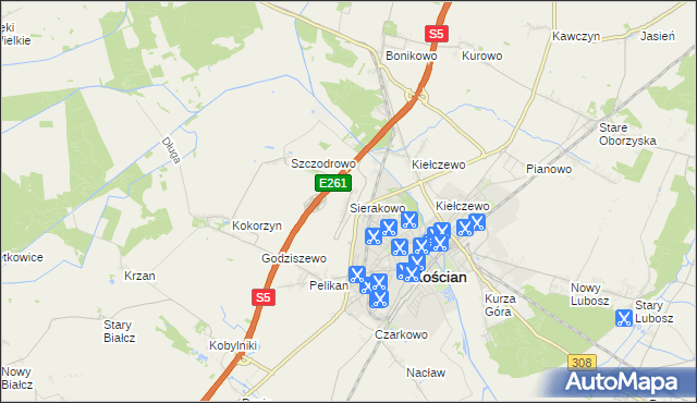 mapa Sierakowo gmina Kościan, Sierakowo gmina Kościan na mapie Targeo
