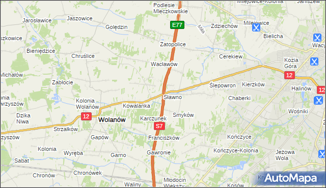 mapa Sławno gmina Wolanów, Sławno gmina Wolanów na mapie Targeo