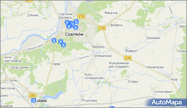 mapa Śmieszkowo gmina Czarnków, Śmieszkowo gmina Czarnków na mapie Targeo