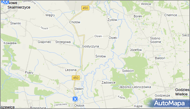 mapa Śmiłów gmina Nowe Skalmierzyce, Śmiłów gmina Nowe Skalmierzyce na mapie Targeo