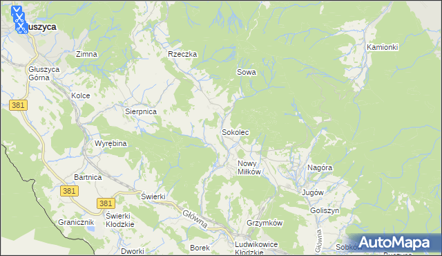 mapa Sokolec gmina Nowa Ruda, Sokolec gmina Nowa Ruda na mapie Targeo