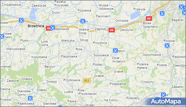 mapa Sosnowice gmina Brzeźnica, Sosnowice gmina Brzeźnica na mapie Targeo