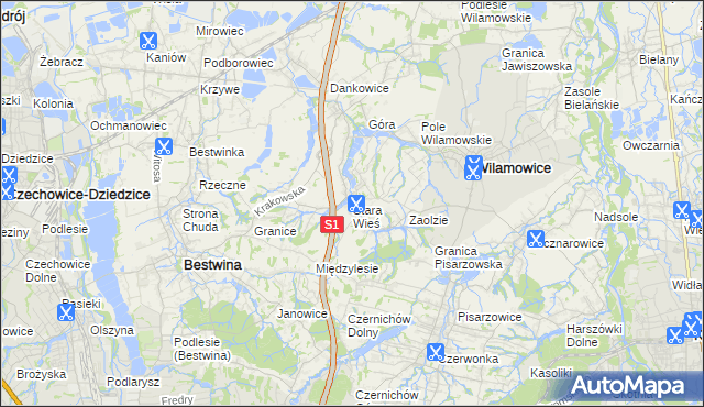 mapa Stara Wieś gmina Wilamowice, Stara Wieś gmina Wilamowice na mapie Targeo