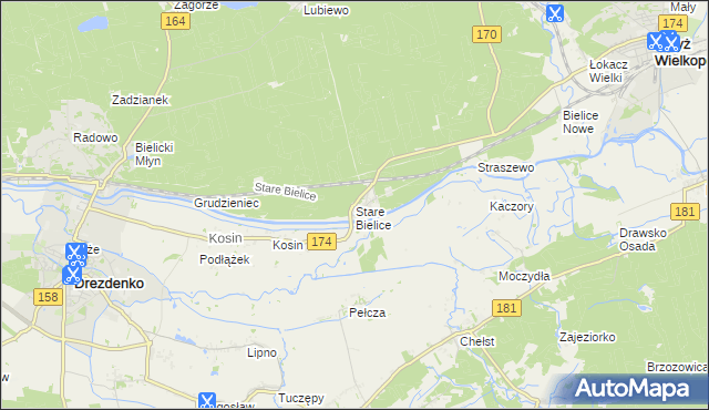 mapa Stare Bielice gmina Drezdenko, Stare Bielice gmina Drezdenko na mapie Targeo