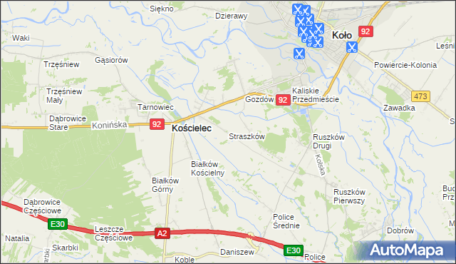 mapa Straszków gmina Kościelec, Straszków gmina Kościelec na mapie Targeo