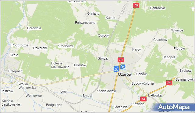 mapa Stróża gmina Ożarów, Stróża gmina Ożarów na mapie Targeo