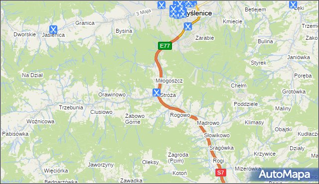 mapa Stróża gmina Pcim, Stróża gmina Pcim na mapie Targeo