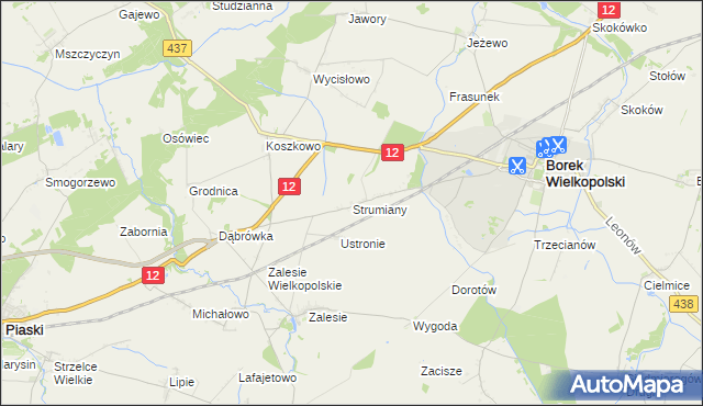 mapa Strumiany gmina Borek Wielkopolski, Strumiany gmina Borek Wielkopolski na mapie Targeo