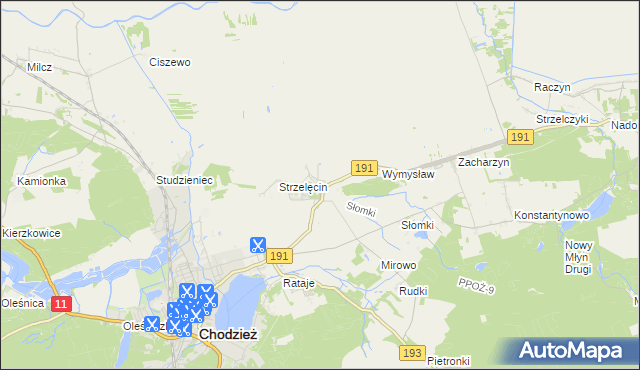 mapa Strzelce gmina Chodzież, Strzelce gmina Chodzież na mapie Targeo