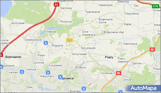 mapa Strzyżowice gmina Psary, Strzyżowice gmina Psary na mapie Targeo