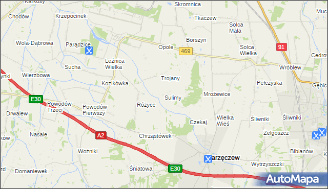 mapa Sulimy gmina Parzęczew, Sulimy gmina Parzęczew na mapie Targeo