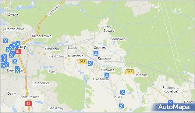 mapa Suszec powiat pszczyński, Suszec powiat pszczyński na mapie Targeo