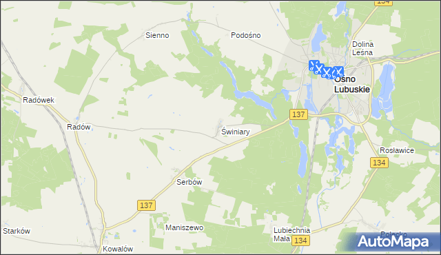 mapa Świniary gmina Ośno Lubuskie, Świniary gmina Ośno Lubuskie na mapie Targeo