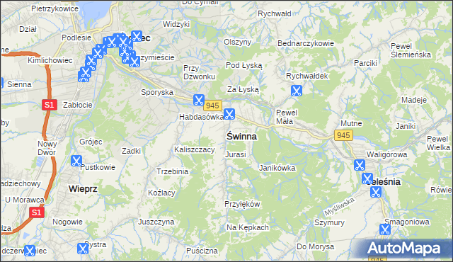 mapa Świnna powiat żywiecki, Świnna powiat żywiecki na mapie Targeo