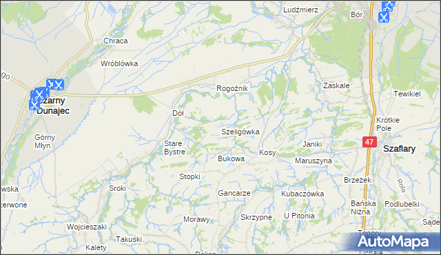 mapa Szeligówka gmina Czarny Dunajec, Szeligówka gmina Czarny Dunajec na mapie Targeo