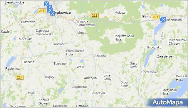 mapa Szklana gmina Sierakowice, Szklana gmina Sierakowice na mapie Targeo