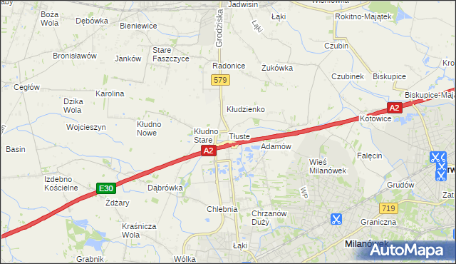 mapa Tłuste gmina Grodzisk Mazowiecki, Tłuste gmina Grodzisk Mazowiecki na mapie Targeo